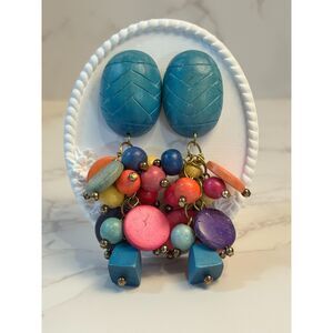 Vintage Festive Wood Dangle Earrings | Colorful wood